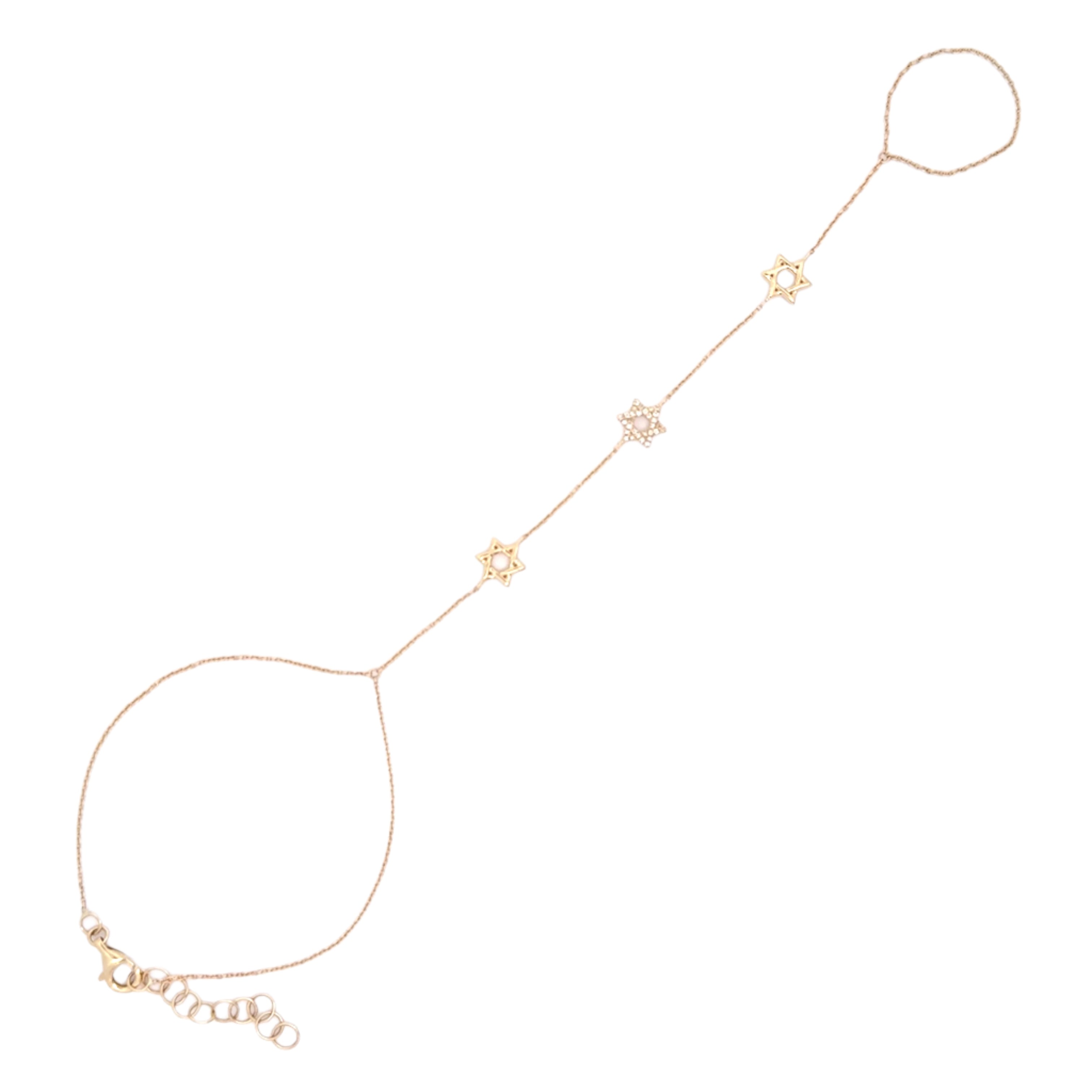 14K Gold Hand Chain featuring alternating Stars of David and diamond accents, blending luxury and spirituality.