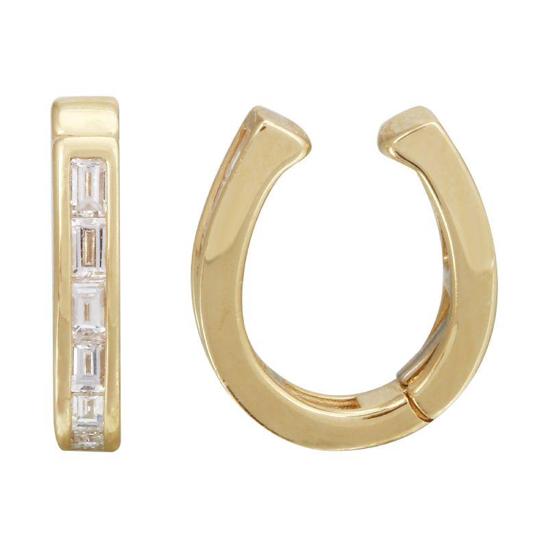 Gold horseshoe-shaped earrings with vertical baguette diamonds from our premium jewelry collection