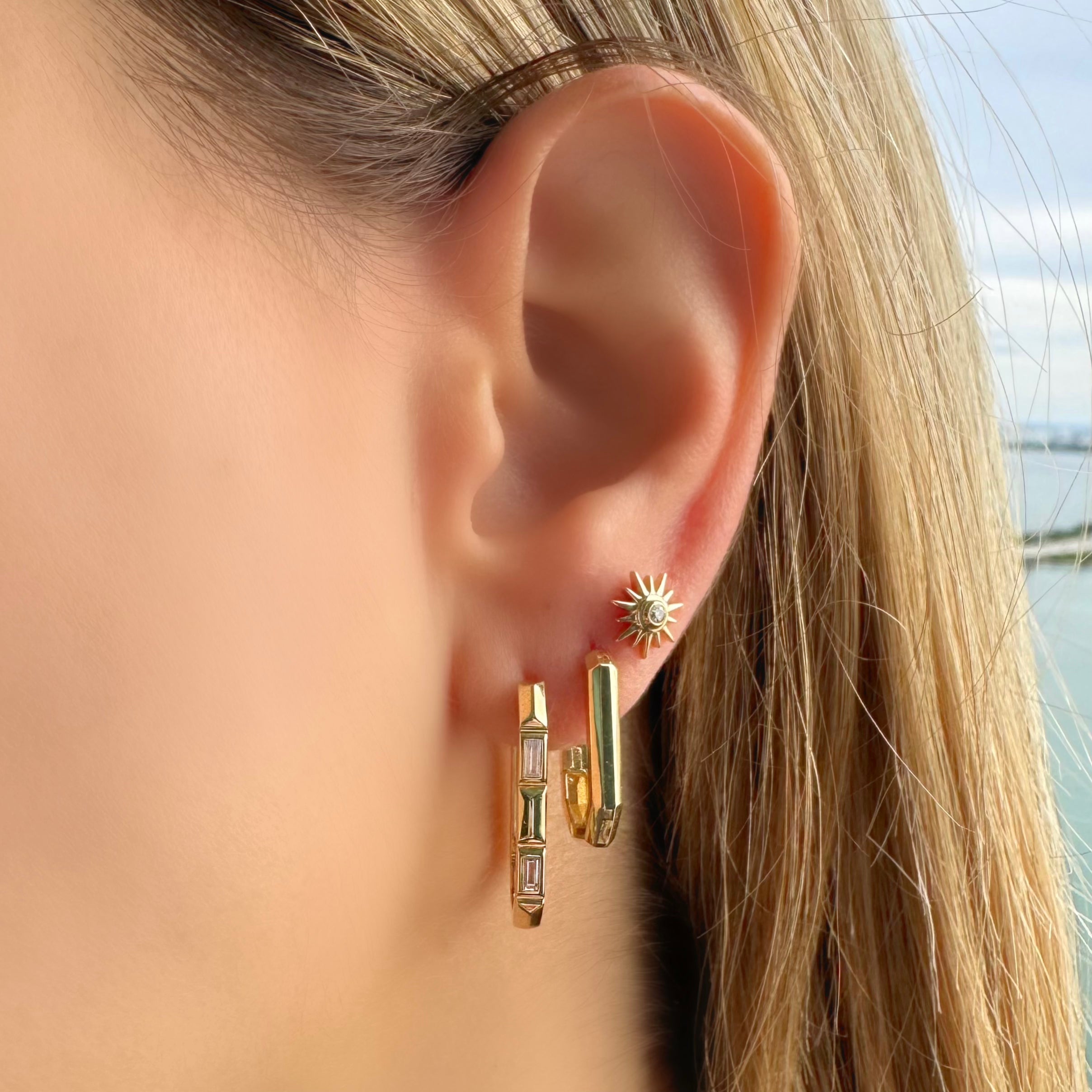 14K Gold Baguette Diamond Faceted Hoop Earrings Pair Yellow Gold Earrings by Izakov Diamonds + Fine Jewelry | Izakov