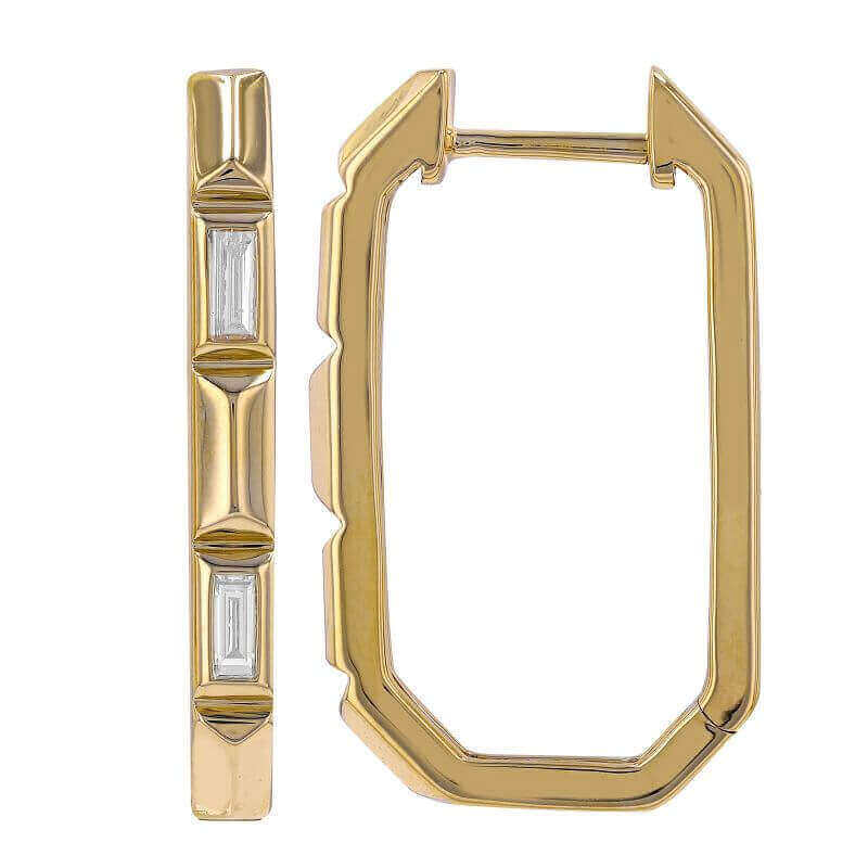 Gold geometric hoop earrings with rectangular gemstone accents from our unique jewelry collection.