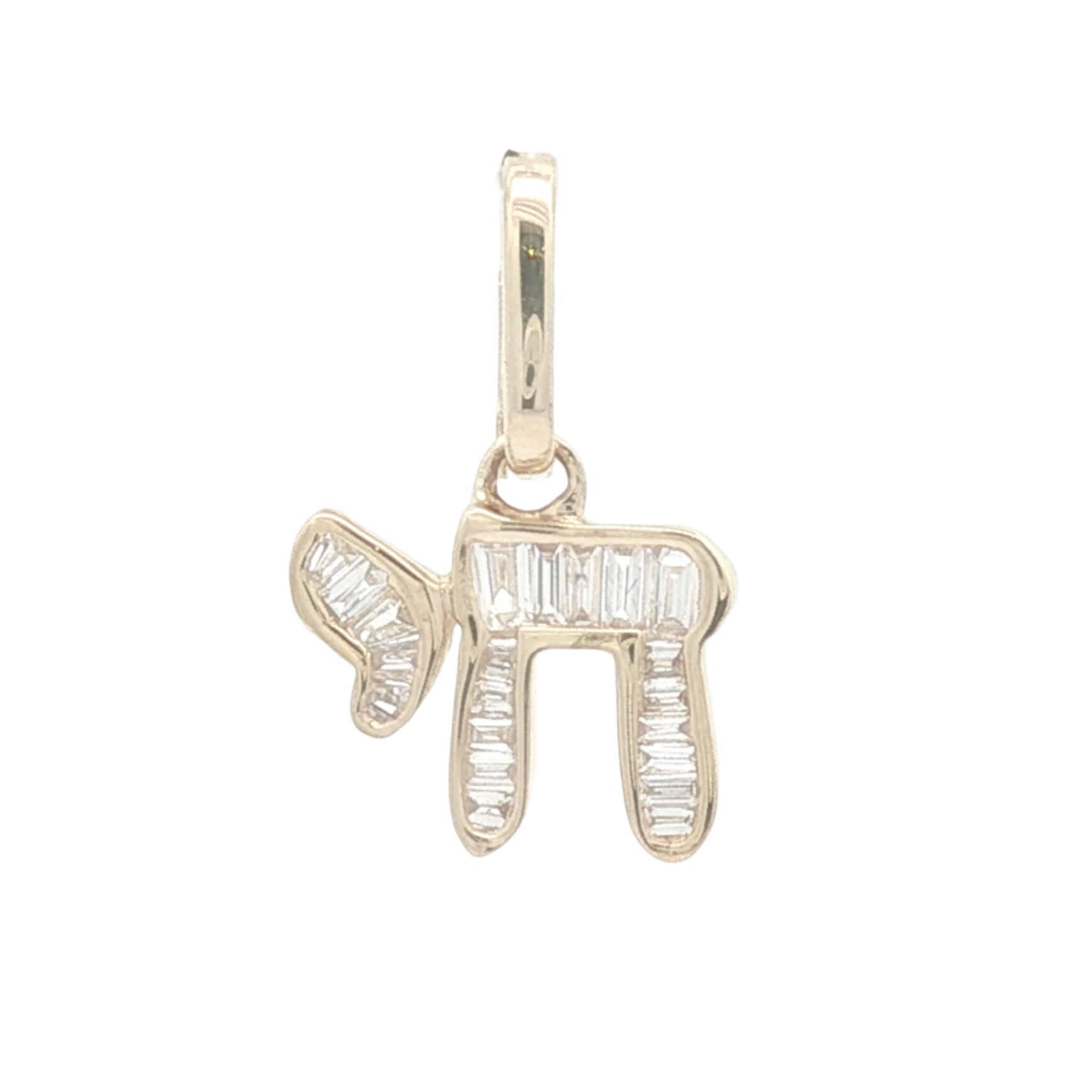 14K Gold Hebrew Chai Baguette Diamond Necklace Charm featuring a unique design with baguette diamonds.