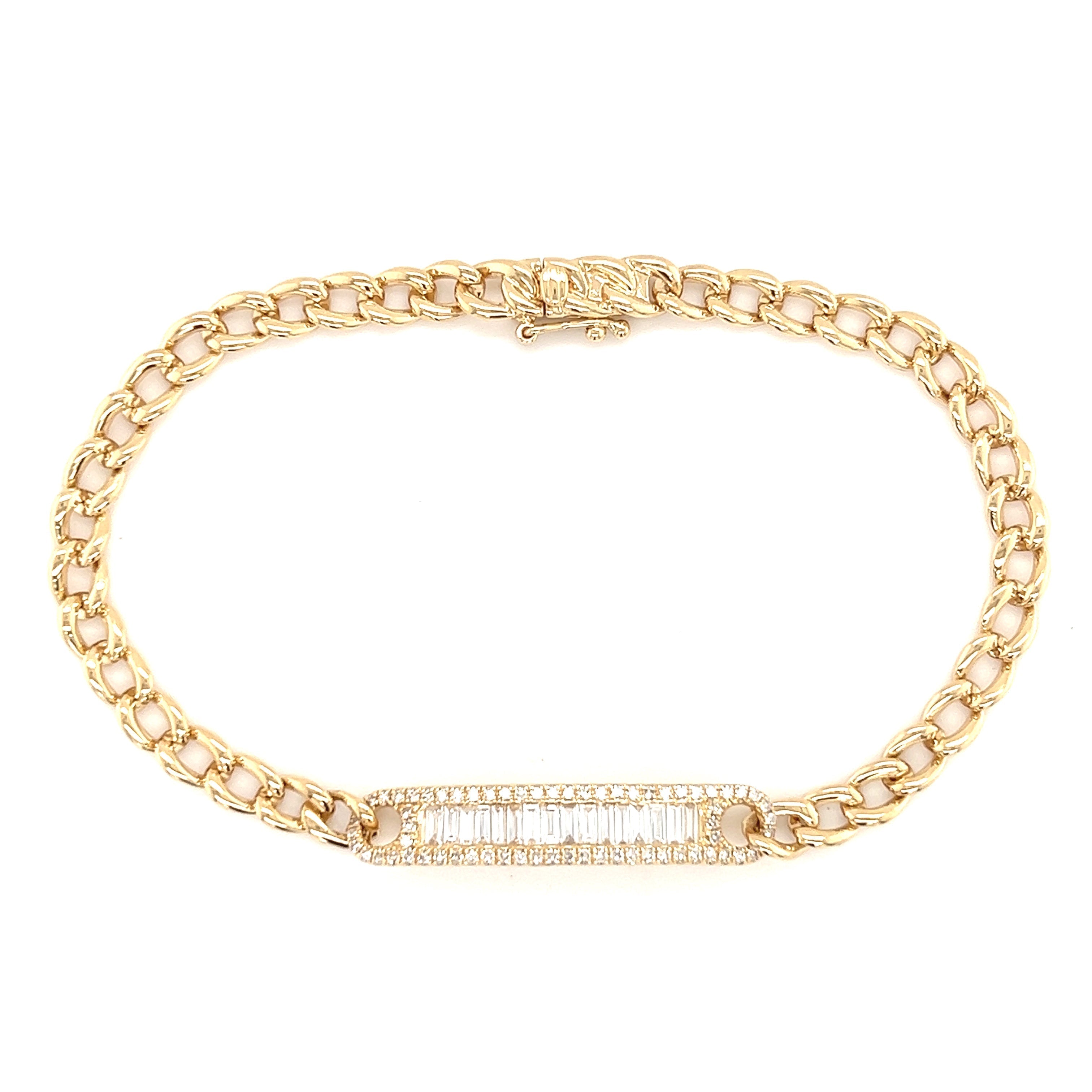 14K Gold Baguette Diamond ID Tag Cuban Link Bracelet Izakov Diamonds + Fine Jewelry