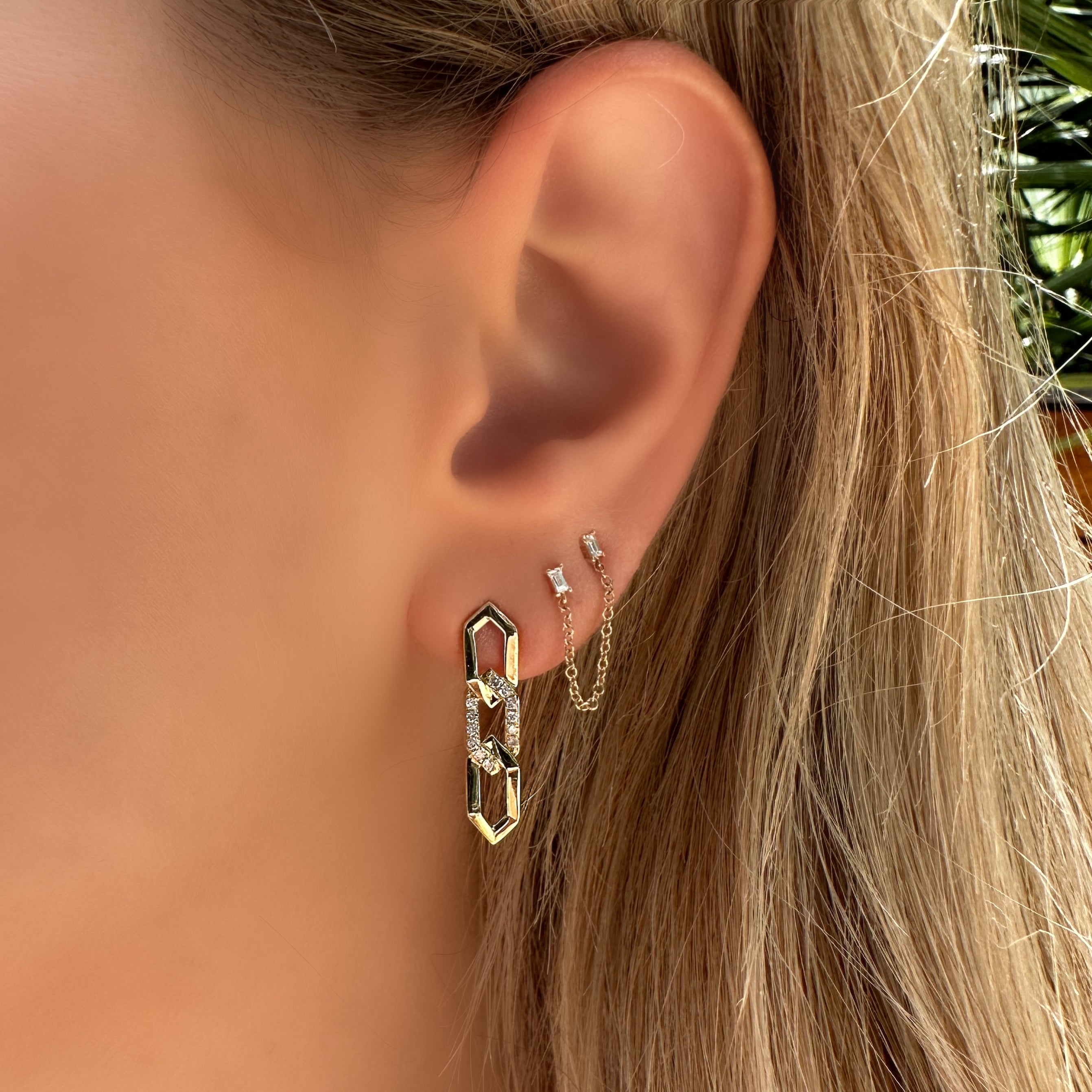 14K Gold Baguette Diamonds Chained Earring - Earrings - Izakov Diamonds + Fine Jewelry