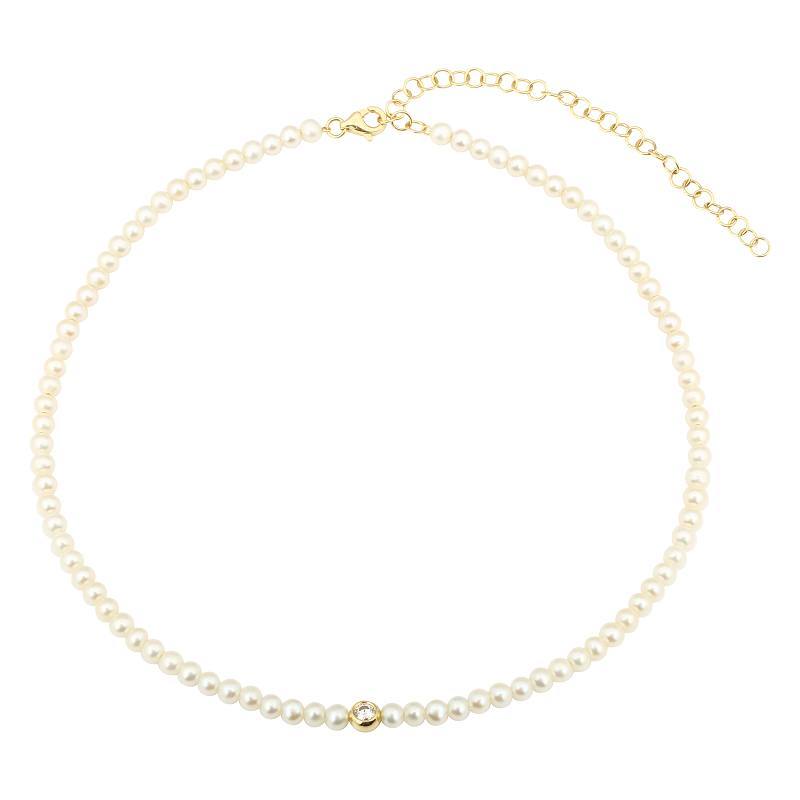 14K Gold Bezel Diamond Pearl Necklace - Necklaces - Izakov Diamonds + Fine Jewelry