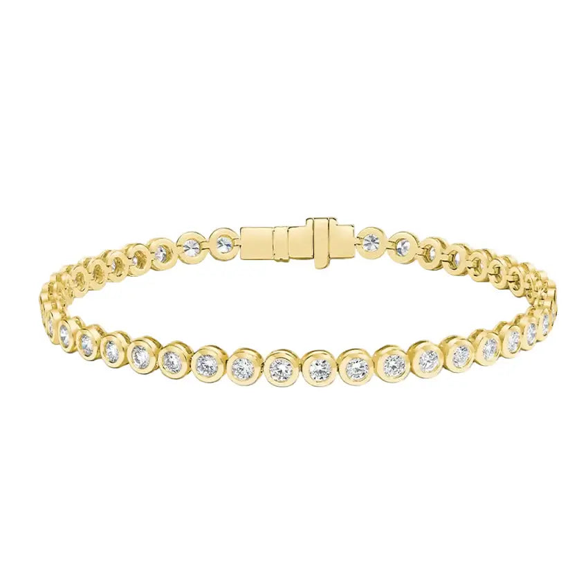 14K Gold Bezel Set Round Diamond Tennis Bracelet showcasing round diamonds in luxurious gold bezels.
