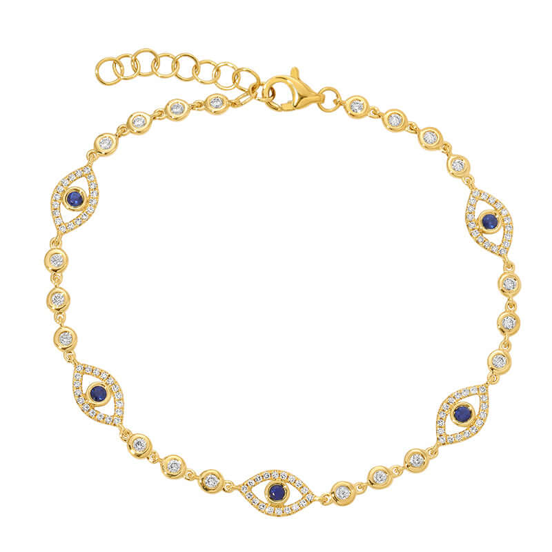 Bezel Station Evil Eye Diamond Bracelet featuring sapphire and diamond accents in a gold setting.