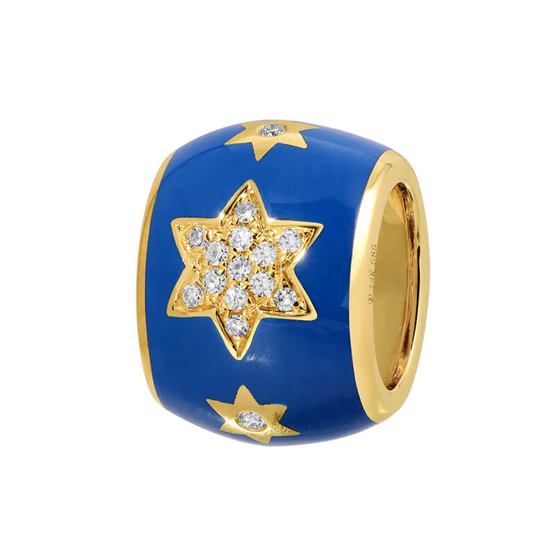 14K Gold Blue Enamel Star Of David Diamond Rondelle featuring diamonds and deep blue enamel finish.