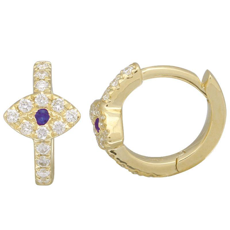 Gold and diamond huggie hoop earrings with center sapphire from our luxury jewelry collection