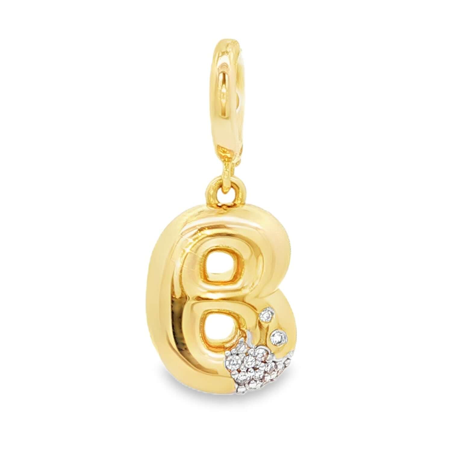14K Gold Bubble Letter Diamond Necklace Charm - Gold 'B' pendant with diamond accents.