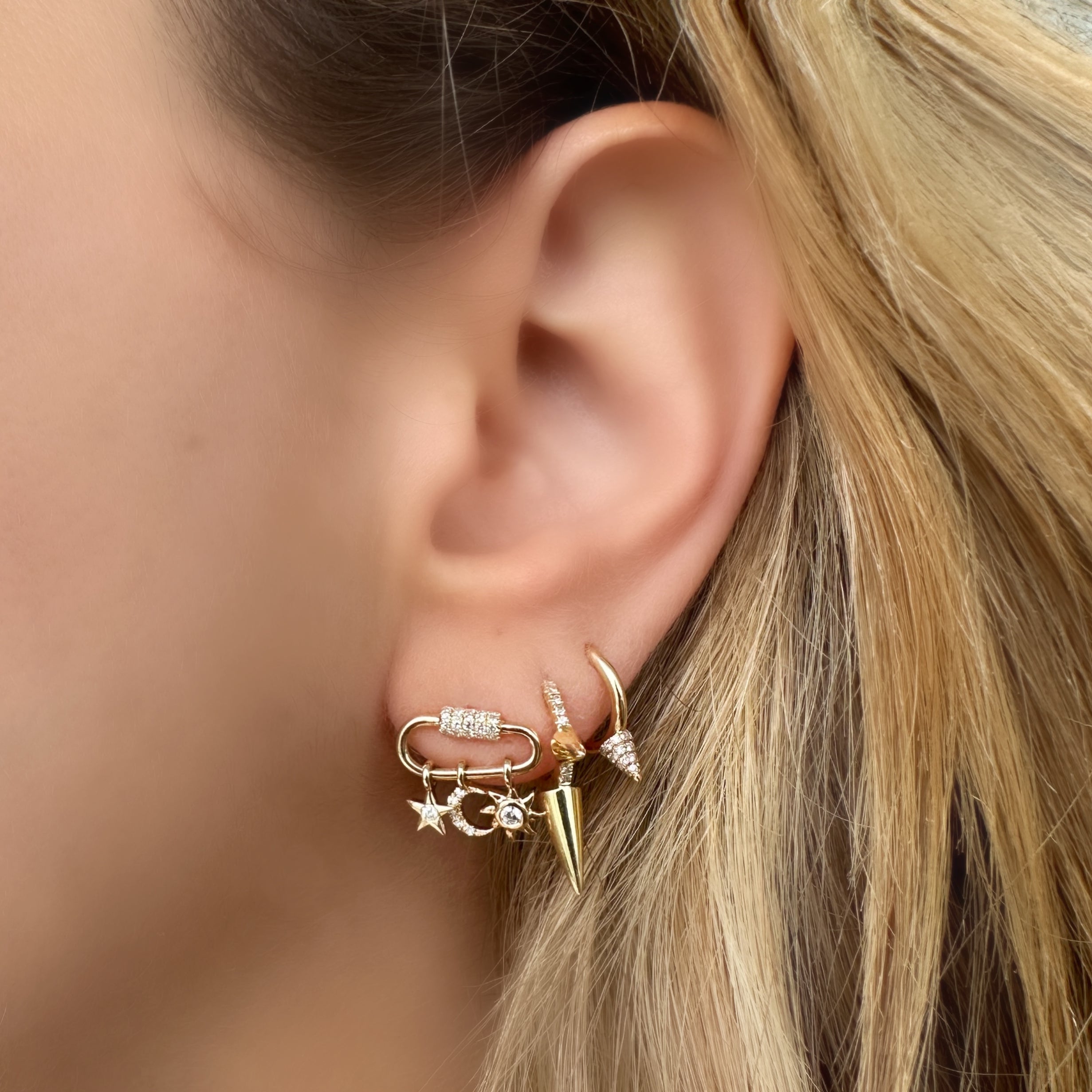14K Gold Carabiner Celestial Charms Diamond Earrings Pair Yellow Gold Earrings by Izakov Diamonds + Fine Jewelry | Izakov