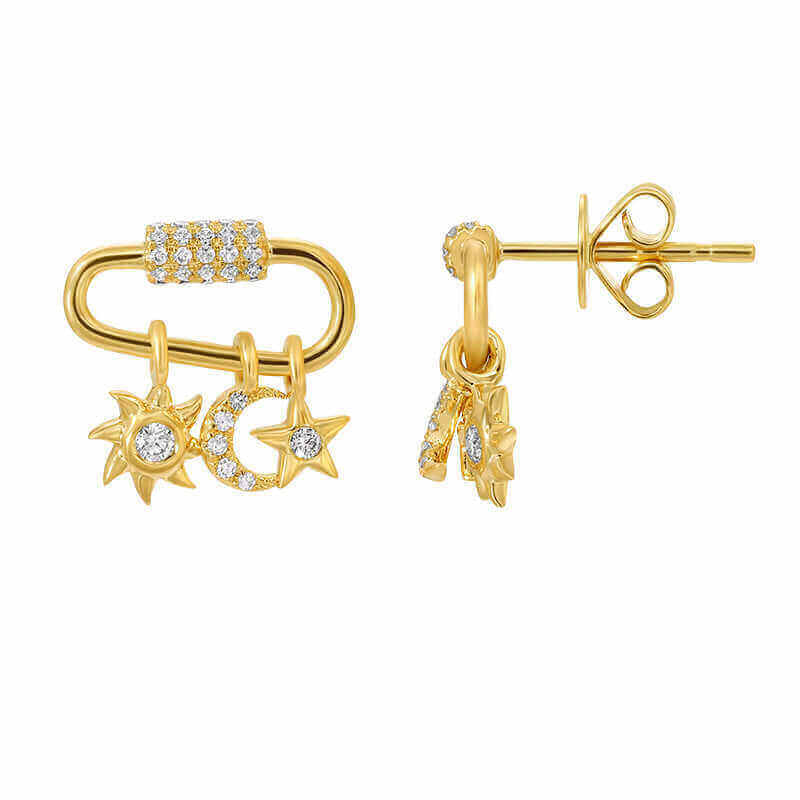 Gold earrings with sun, moon, and star charms adorned with diamonds, inspired by celestial designs from our exclusive jewelry collection.