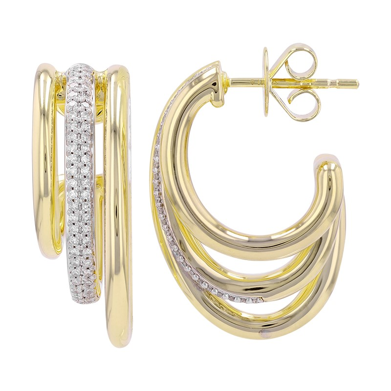 14K Gold Chunky 3-Row Micro Pave Diamond J-Hoop Earrings Pair Yellow Gold Earrings by Izakov Diamonds + Fine Jewelry | Izakov