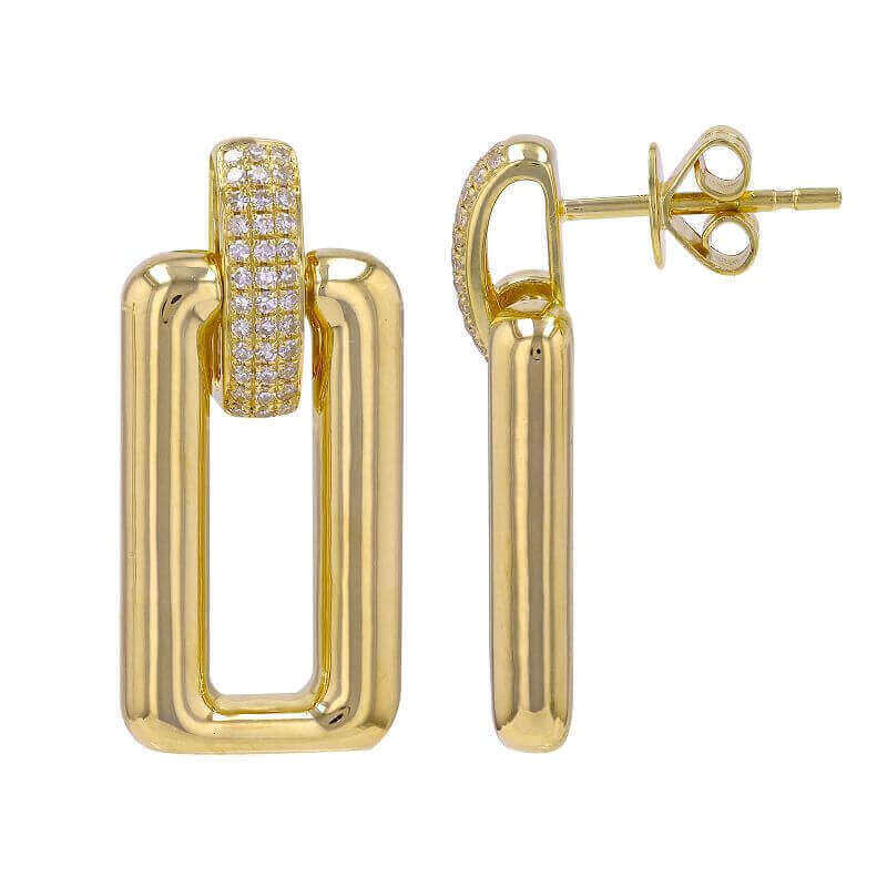 Gold rectangular hoop earrings with diamond accents, perfect for elegant jewelry collections.