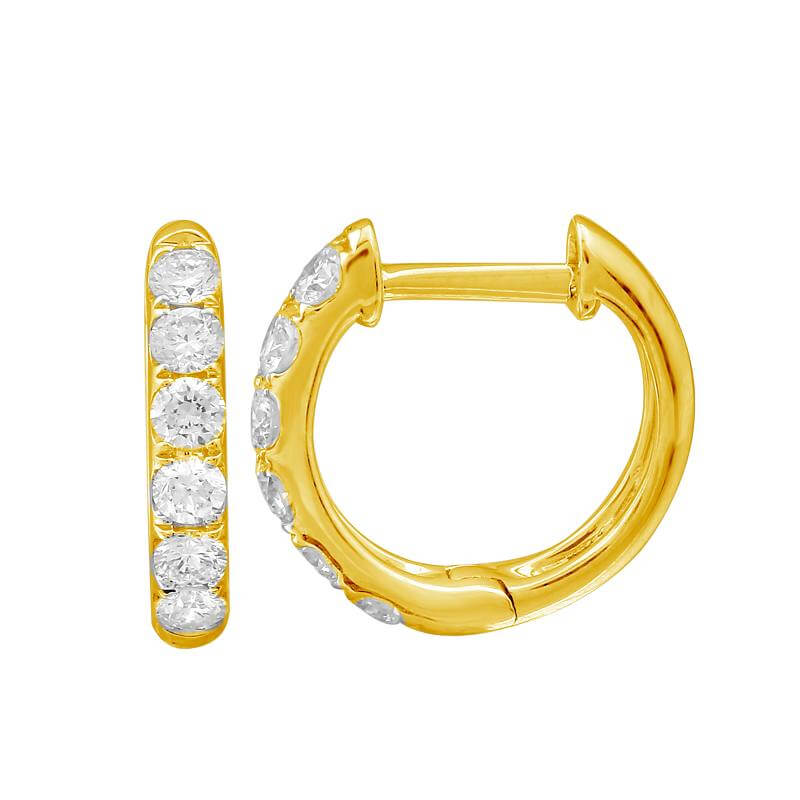 14K Gold Classic Pave Diamond Huggies showcasing round diamonds for everyday elegance and sophistication.