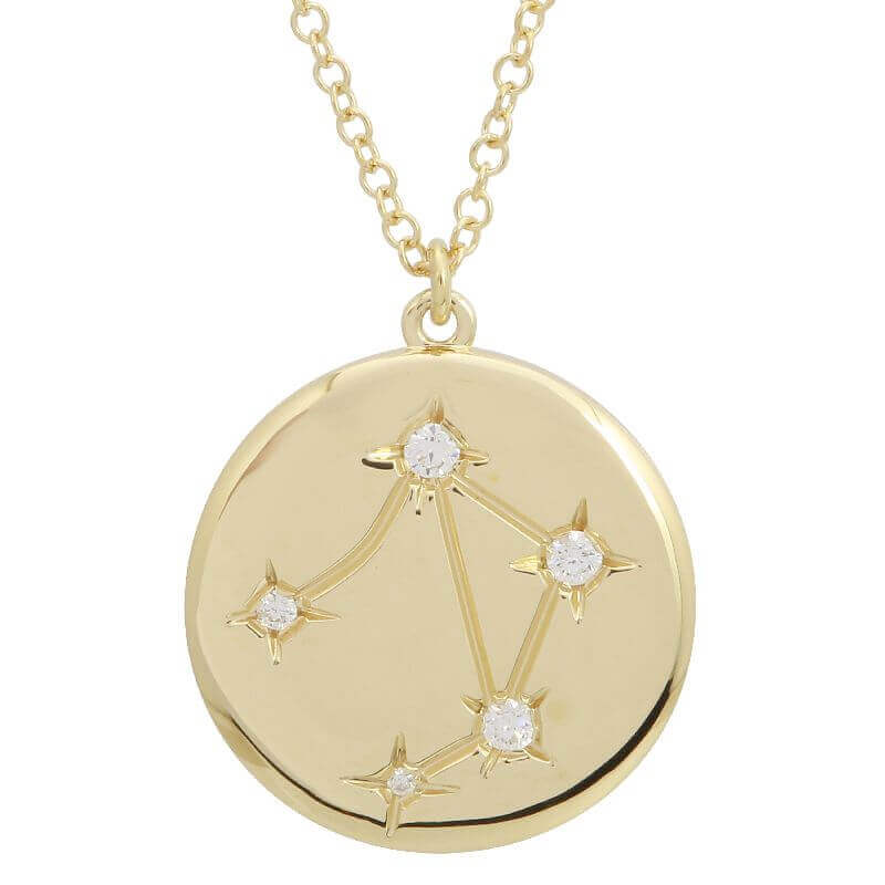 Zodiac constellation gold pendant with sparkling diamonds on a delicate gold chain from our exclusive jewelry collection.