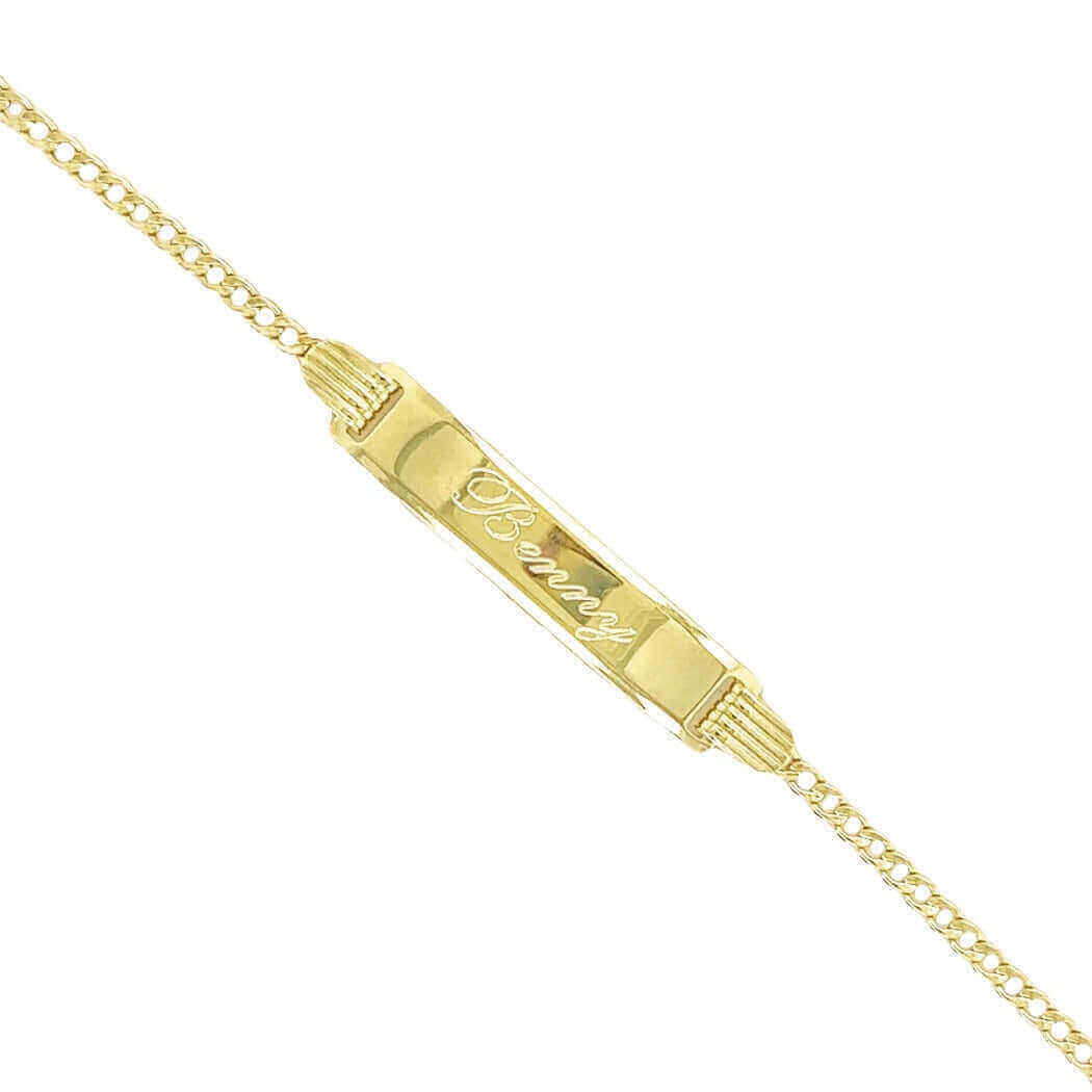 Personalized gold ID bracelet with elegant engraving from our jewelry brand collection.