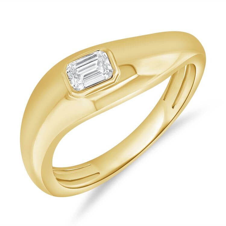 Curved Bezel Set Diamond Ring featuring an emerald cut diamond in a sleek 14k gold design.