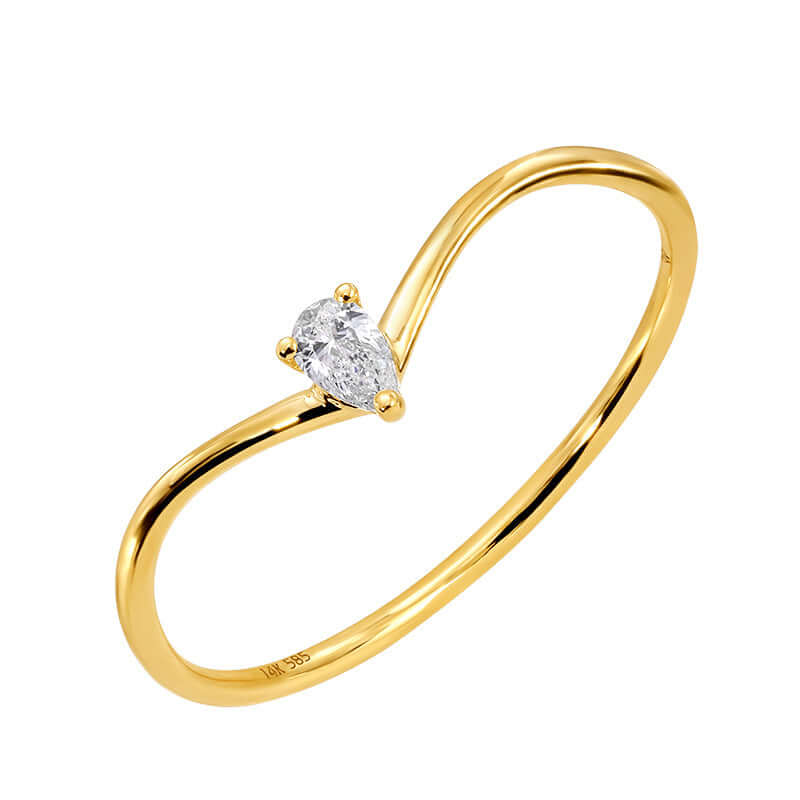 14K gold curved petite pear shaped diamond ring with natural 0.07 carat diamond, perfect for stacking and elevating any outfit.