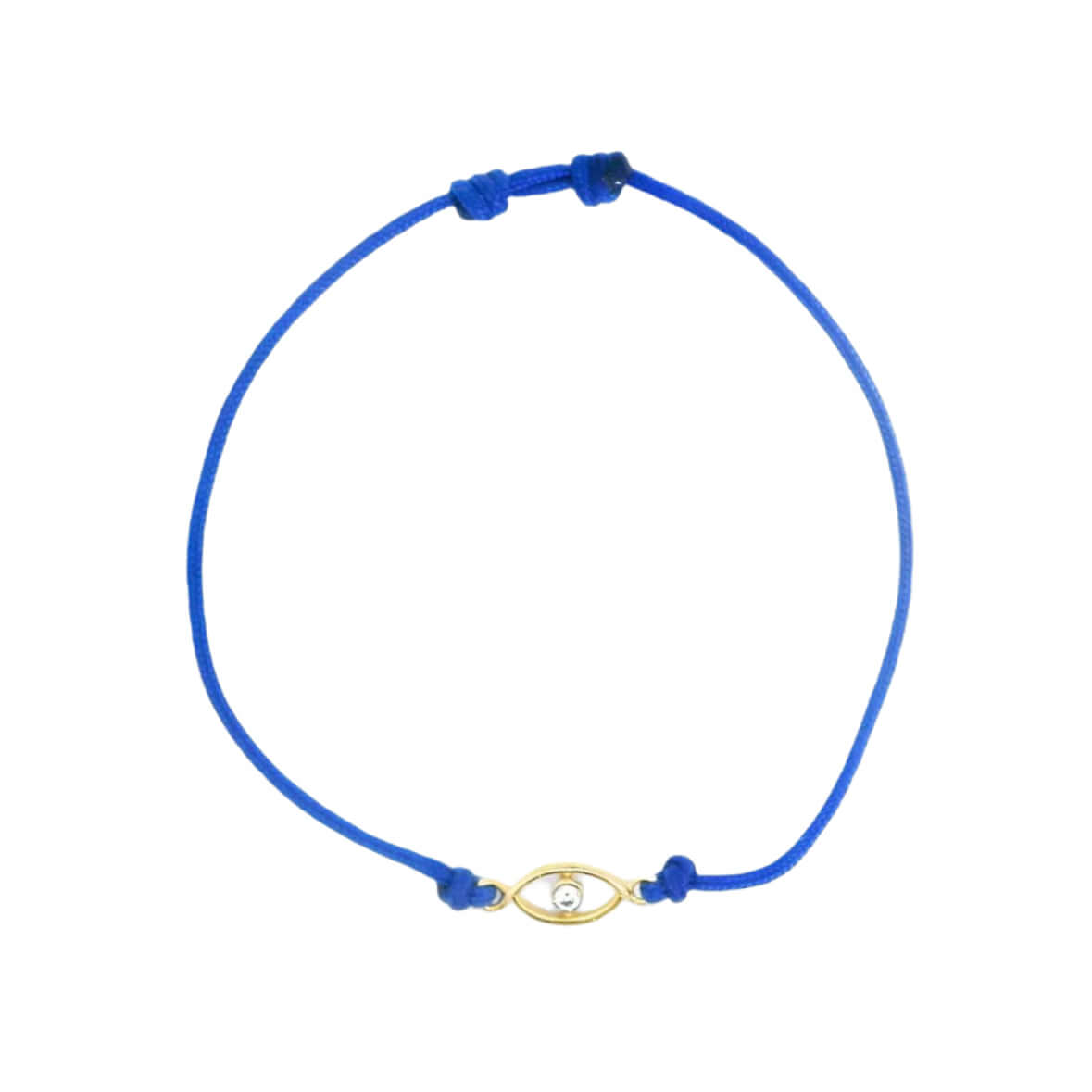 14K gold diamond accented evil eye cord baby bracelet on blue cord, personalized, stylish baby jewelry.