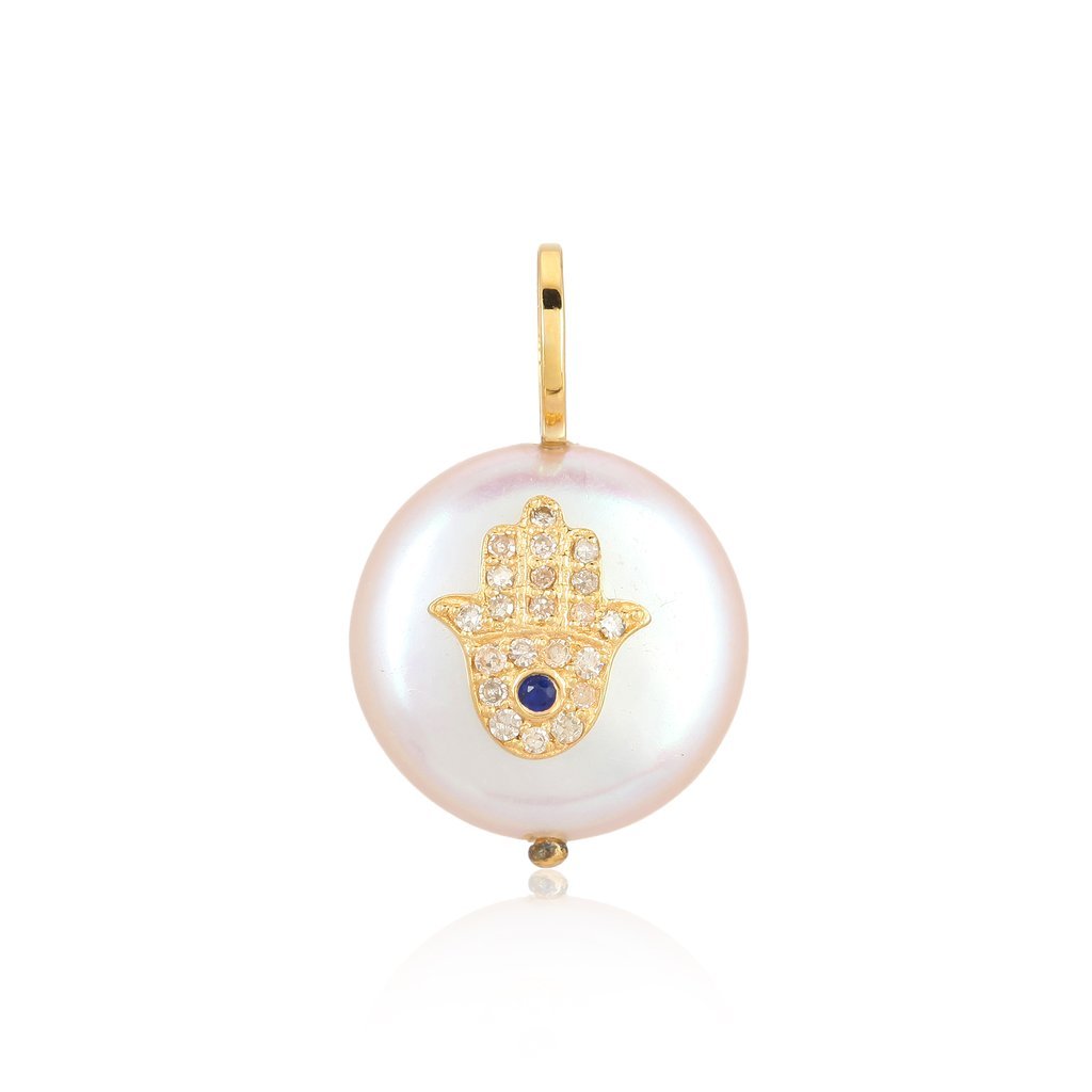 14K Gold Diamond Accented Hamsa On Flat Pearl Necklace Charm - Charms & Pendants - Izakov Diamonds + Fine Jewelry