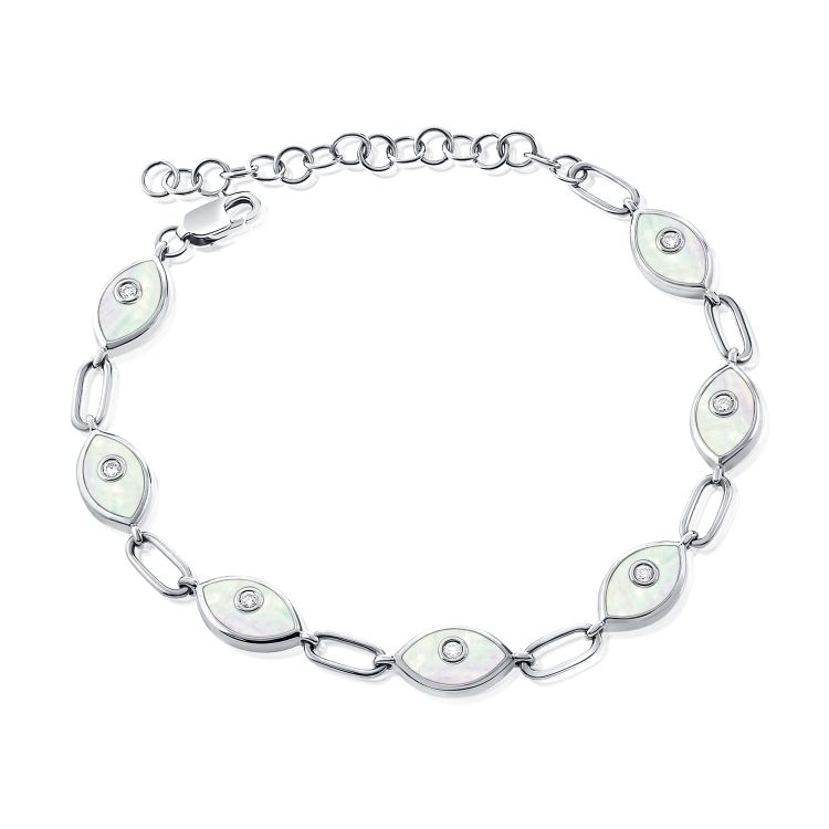 14K Gold Diamond Accented Mother of Pearl Evil Eyes Link Bracelet Bracelets by Izakov Diamonds + Fine Jewelry | Izakov
