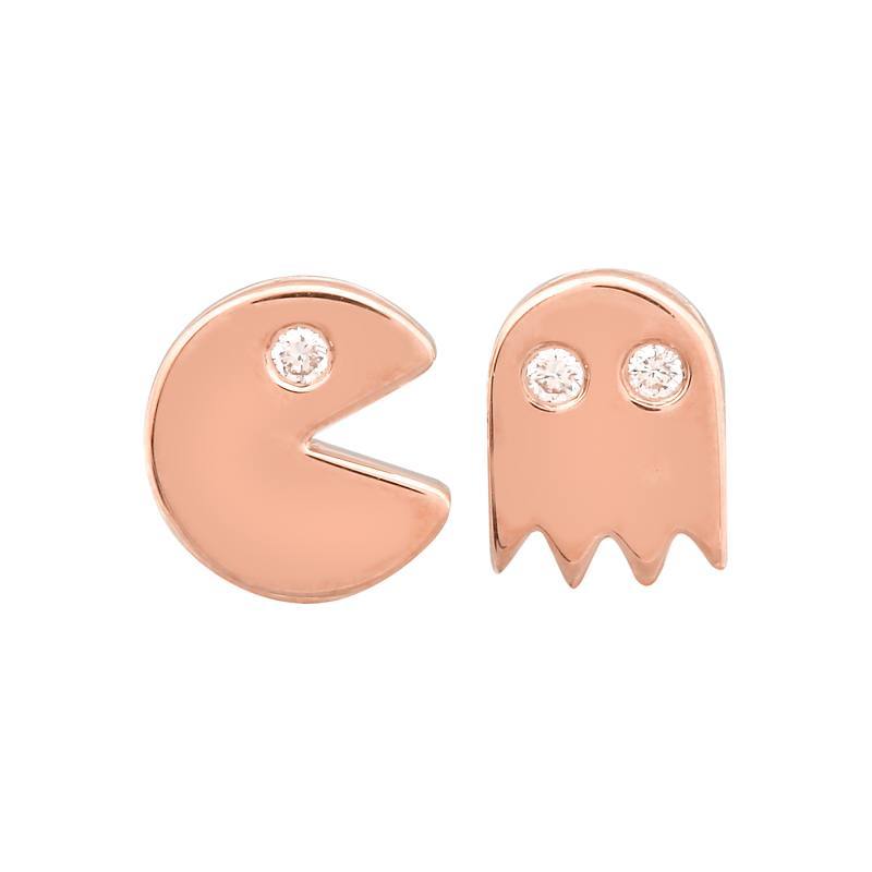 Rose gold earrings inspired by classic video game characters with diamond accents, showcasing unique and playful jewelry design.