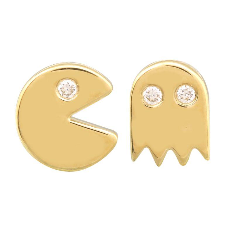 Retro Pac-Man and Ghost gold stud earrings with diamond accents from our unique jewelry collection.