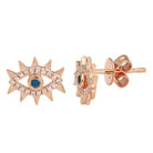 Rose gold eye-shaped earrings with blue stone and diamond accents from our jewelry collection