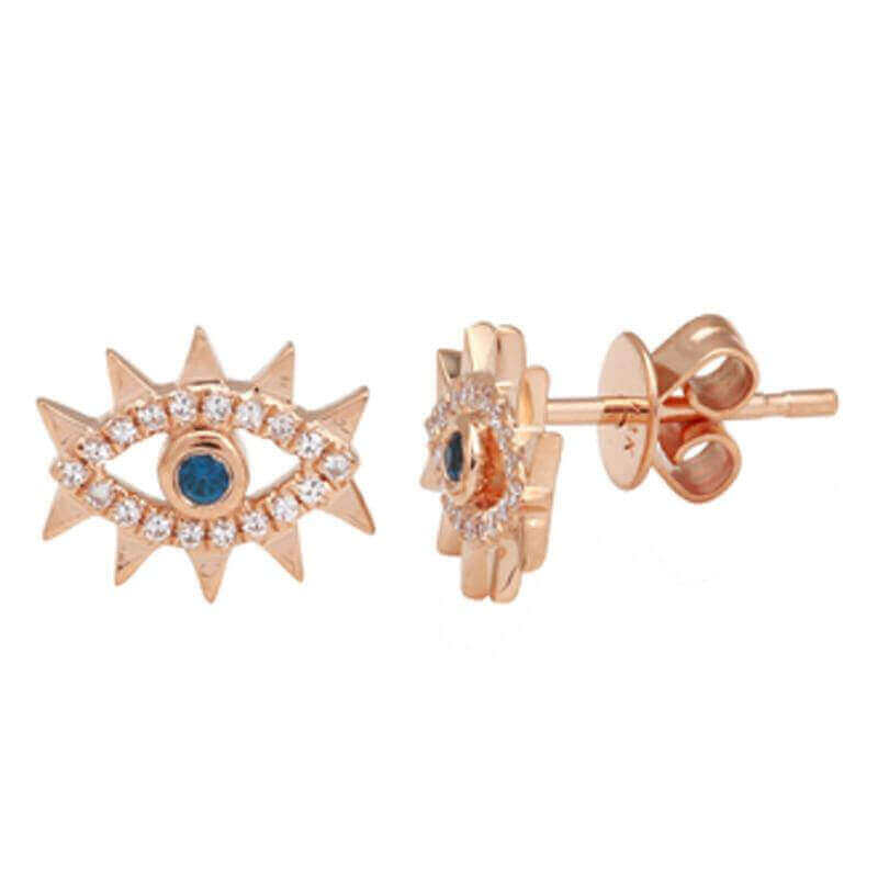 Rose gold eye-shaped earrings with blue stone and diamond accents from our jewelry collection