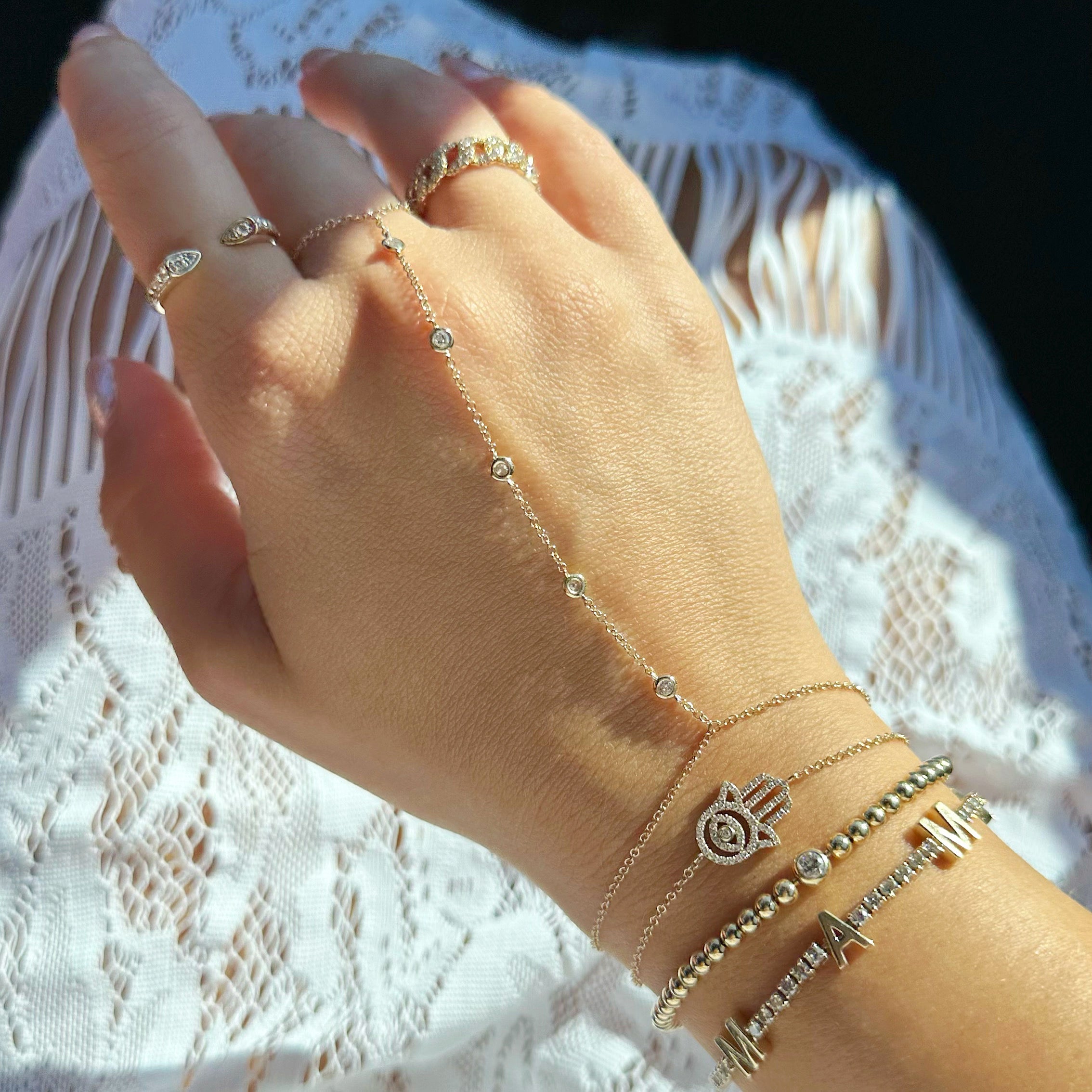 14K Gold Diamond Bezel Station Hand Chain - Body Jewelry - Izakov Diamonds + Fine Jewelry