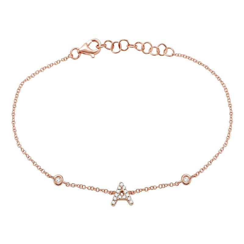 Rose gold initial A bracelet with delicate chain and sparkling gemstones from our jewelry collection.