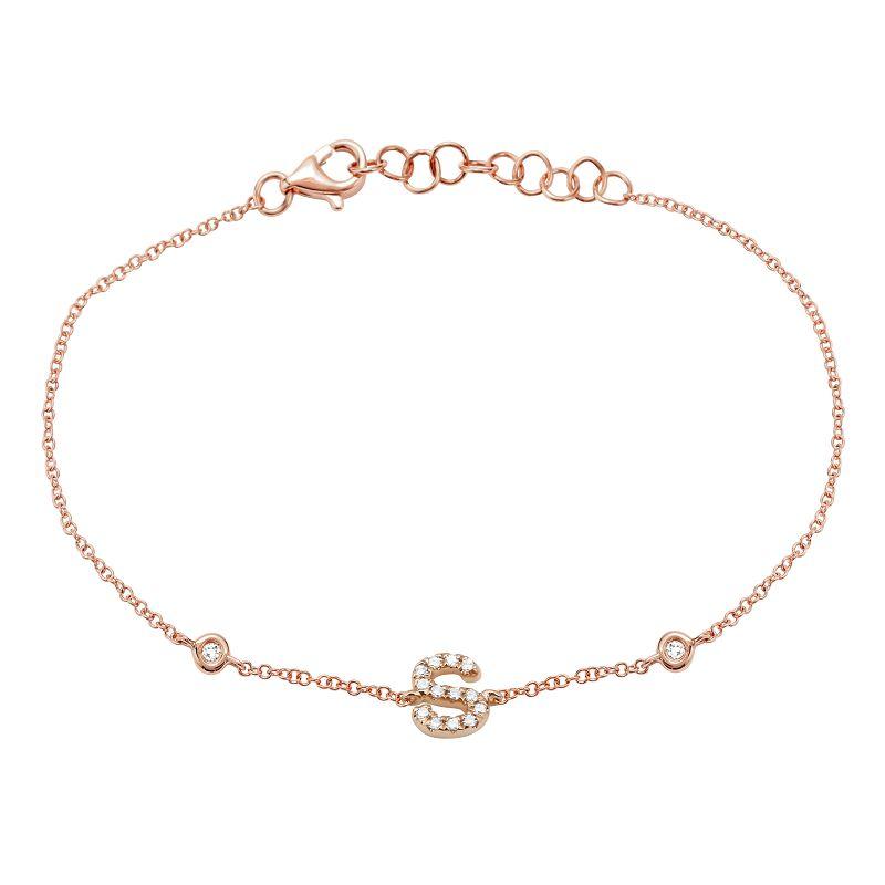 Elegant rose gold bracelet with delicate chain and diamond accents, featuring an "S" charm, perfect for adding a touch of luxury to your jewelry collection