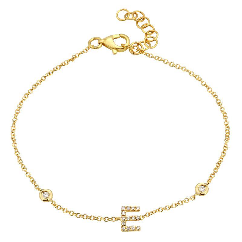 Gold bracelet with letter E charm and diamonds from our jewelry collection.