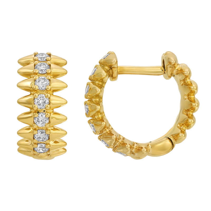 14K Gold Diamond Bezels Spikes Huggies featuring a bold spiked design and diamond accents, measuring 5.5mm wide and 12mm in diameter.