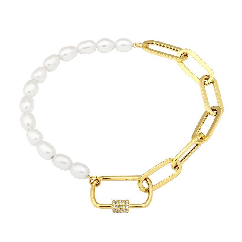 14K Gold Diamond Carabiner Pearl + Paper Clip Bracelet Yellow Gold Izakov Diamonds + Fine Jewelry