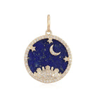 Gold necklace pendant featuring a night sky with stars and crescent moon, accentuated with sparkling gemstones.