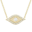 14K Gold Diamond Halo Evil Eye Necklace with 0.09 carat center diamond, elegant and protective jewelry on solid gold chain.