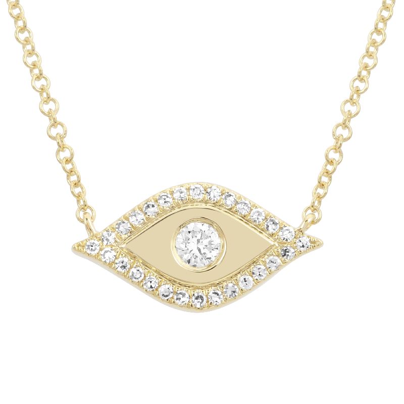 14K Gold Diamond Halo Evil Eye Necklace with 0.09 carat center diamond, elegant and protective jewelry on solid gold chain.