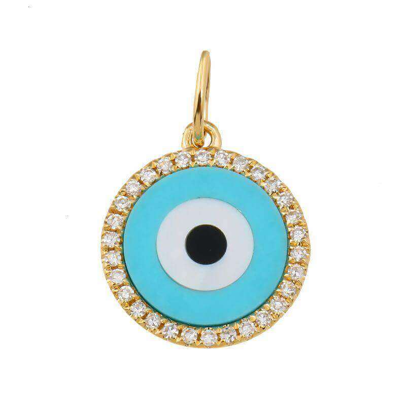 Gold evil eye pendant with turquoise center and diamond accents - stylish jewelry from our collection