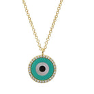 Gold chain necklace with turquoise and diamond-encrusted evil eye pendant by our jewelry brand.