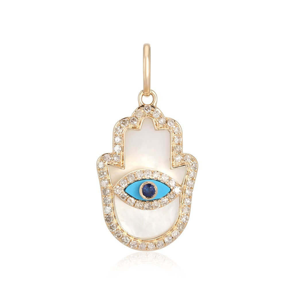 14K Gold Diamond Halo Gemstone Hamsa Necklace Charm - Charms & Pendants - Izakov Diamonds + Fine Jewelry