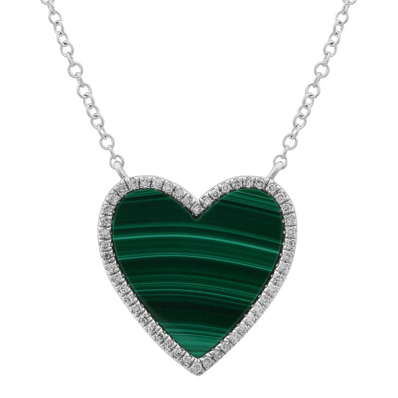 14K Gold Diamond Halo Gemstone Heart Necklace Medium (15x15mm) Malachite White Gold Necklaces by Izakov Diamonds + Fine Jewelry | Izakov