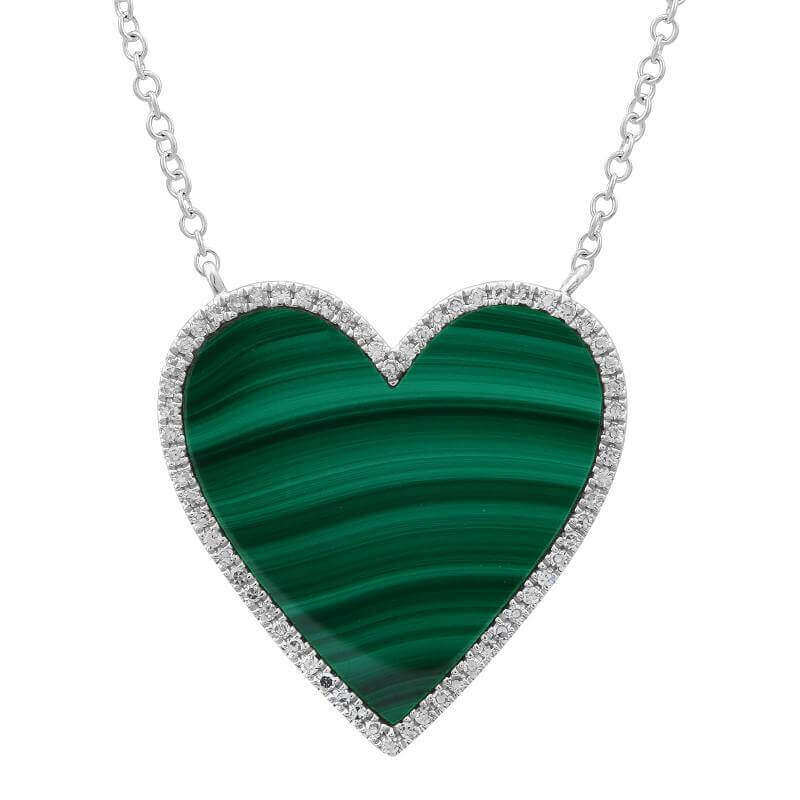 Heart-shaped malachite pendant necklace with a silver chain and diamond accents from our exquisite jewelry collection.