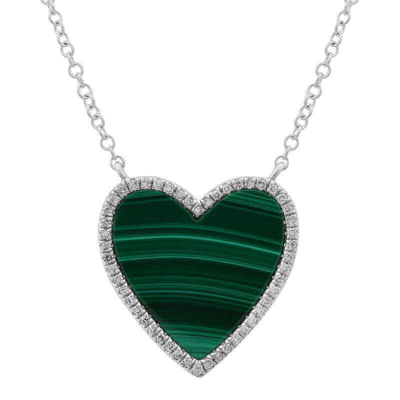 Elegant heart-shaped malachite pendant with diamond accents on a silver chain by our jewelry brand. Perfect for a sophisticated look.