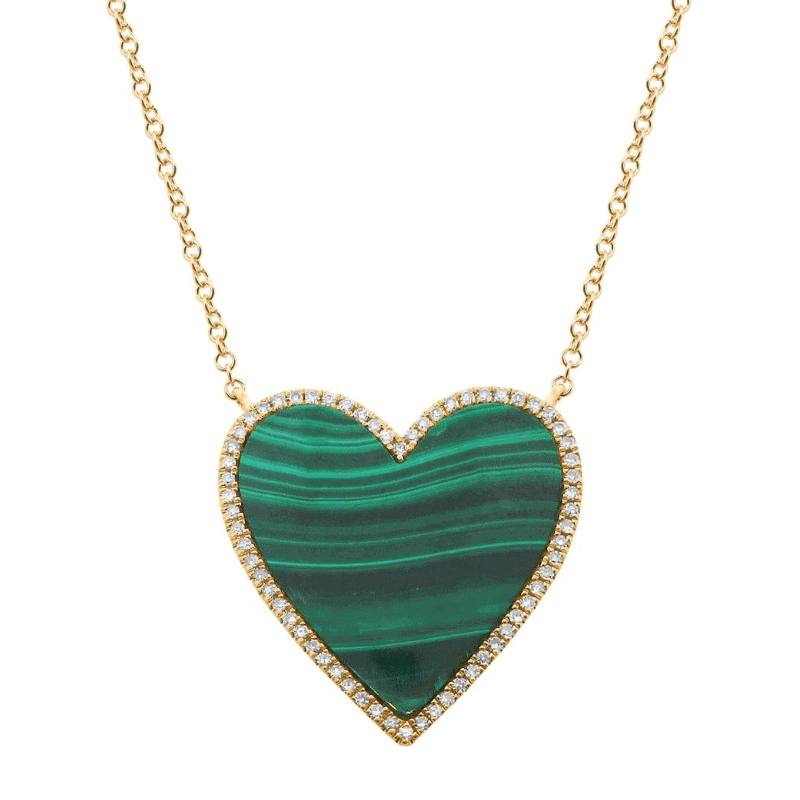 Elegant gold necklace with a heart-shaped malachite pendant featuring diamond accents from our jewelry brand.