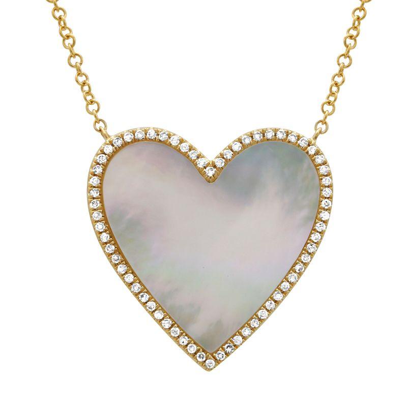 Heart-shaped mother-of-pearl pendant framed with diamonds on a gold chain by our jewelry brand