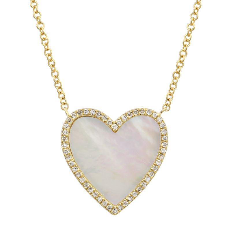 Elegant gold necklace with a heart-shaped mother-of-pearl pendant outlined in sparkling diamonds by our jewelry brand