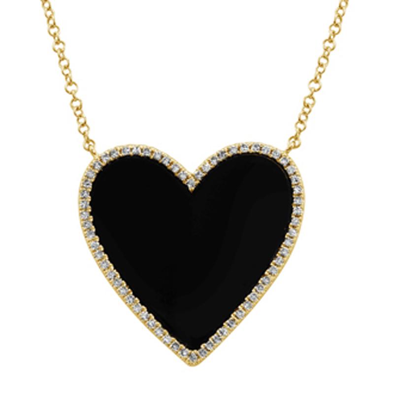 Elegant gold necklace with black heart pendant and diamond accents, part of our exclusive jewelry collection.