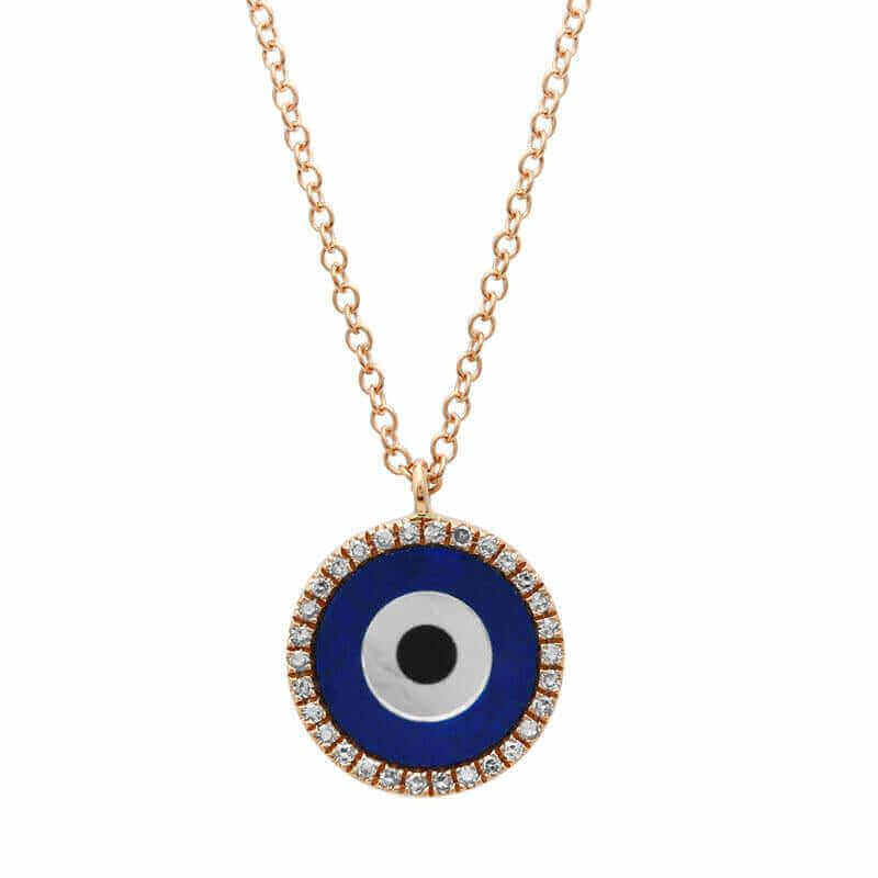 Rose gold evil eye necklace with blue enamel and crystal accents by [Your Jewelry Brand Name]