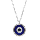 Sterling silver necklace with blue enamel evil eye pendant and diamond accents, perfect for protection and style in our jewelry brand collection.